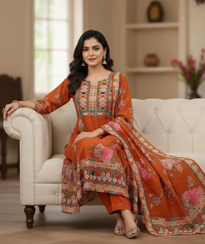 Elegant Rust Orange Soft Muslin Anarkali Salwar Suit Set with Digital Floral Print