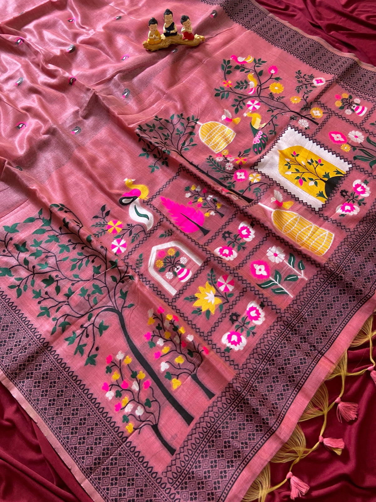 Premium Pink Soft Jamdani Cotton Saree with 3D Woven Peacock Pallu