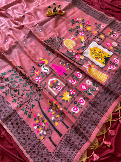 Premium Pink Soft Jamdani Cotton Saree with 3D Woven Peacock Pallu