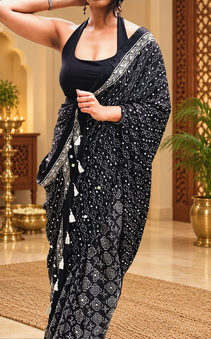 Awsome Black Pure Gajji Silk Ajrakh Saree with Real Mirror Work