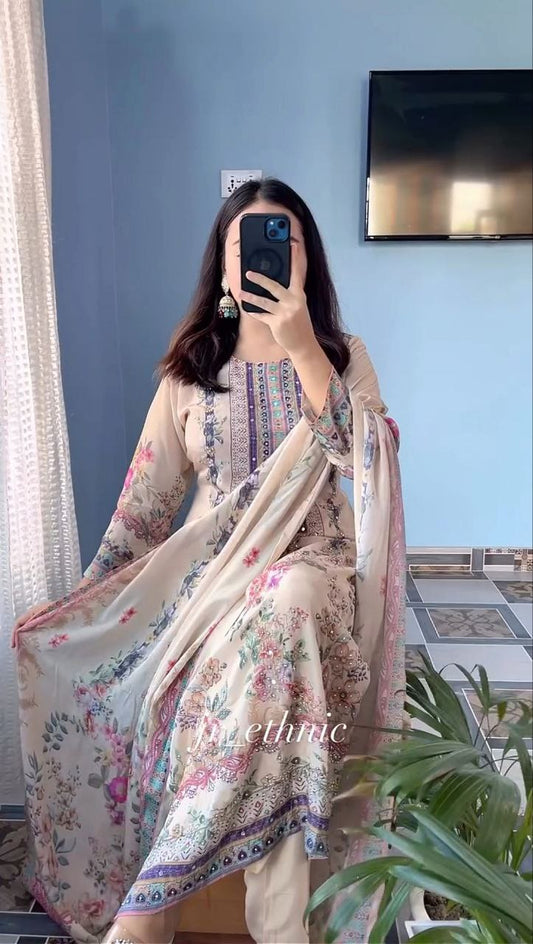 Luxury Pastel Cream Floral Printed Muslin Suit Set with Designer Dupatta
