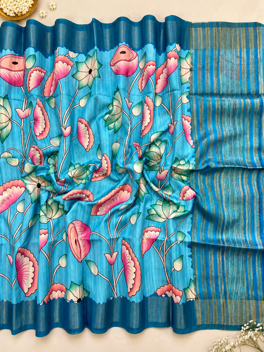 Azure Bloom Soft Tussar Silk Saree with Artistic Floral Print