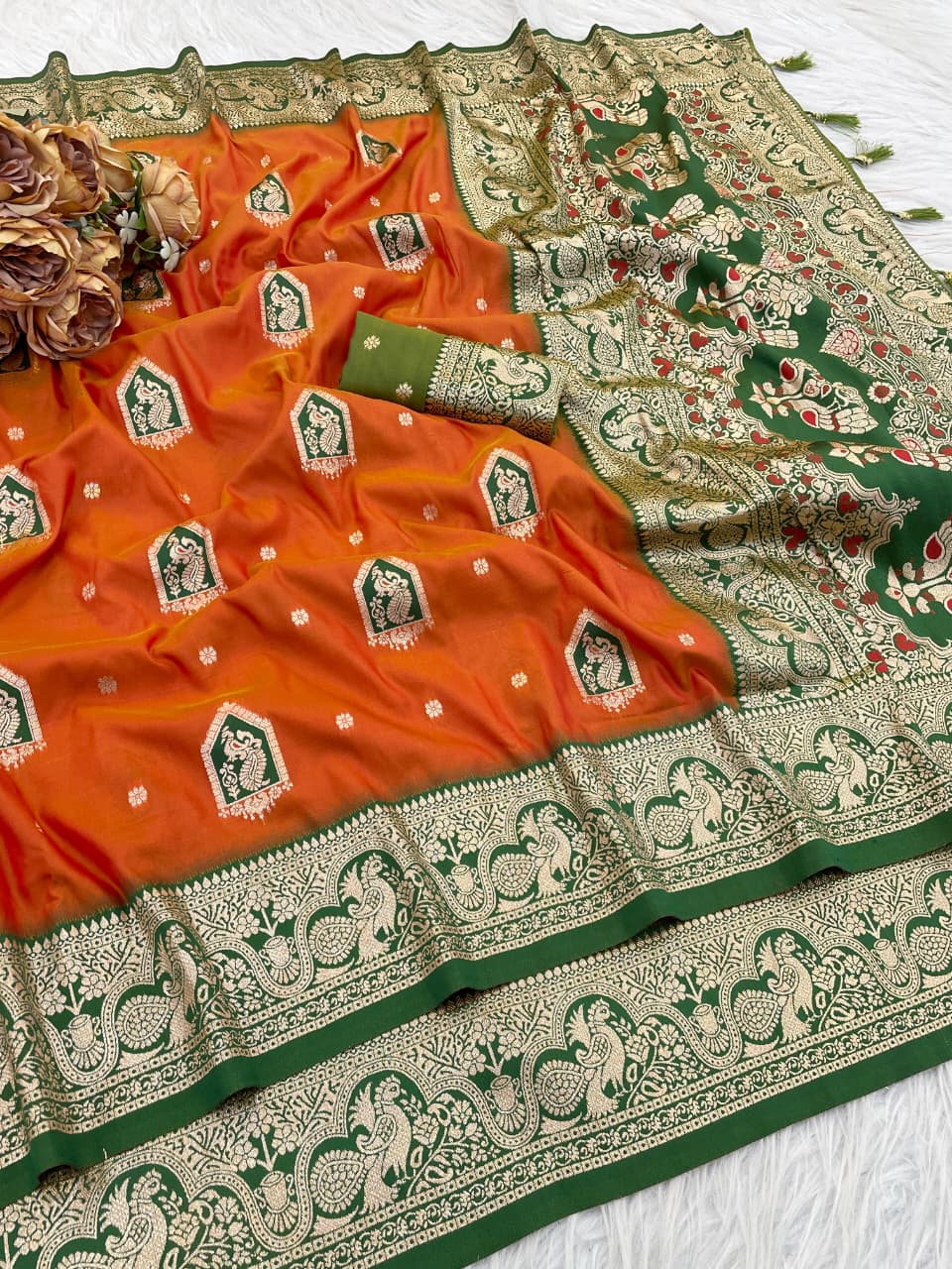 Royal Kesari Orange Silk Saree with Green Zari Border