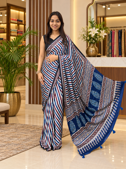 Premium Multi Silk Ajrakh Print Saree with Elegant Pallu