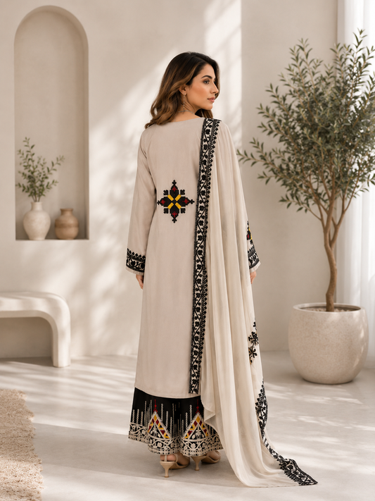 Elegant Beige Rayon Satin Thread Work Kurta Palazzo Set