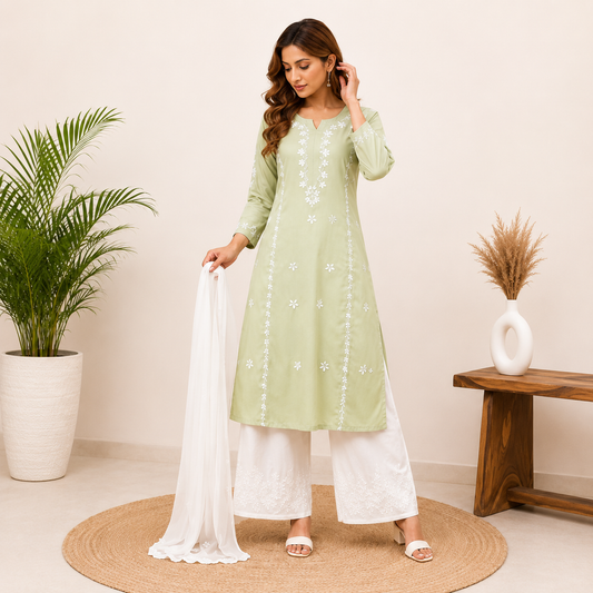 Elegant Sage Green Rayon Embroidered Suit Set With Dupatta