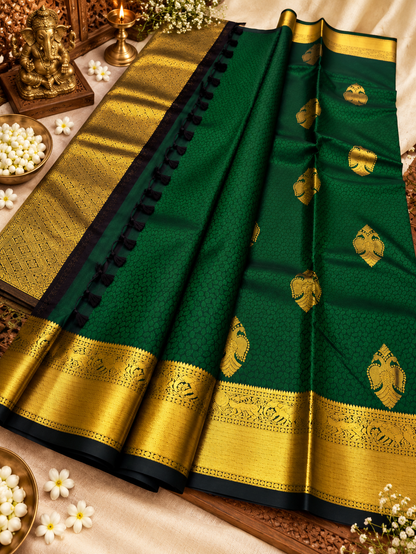 Emerald Elegance Dark Green Soft Banarasi Silk Saree with Gold Zari Border