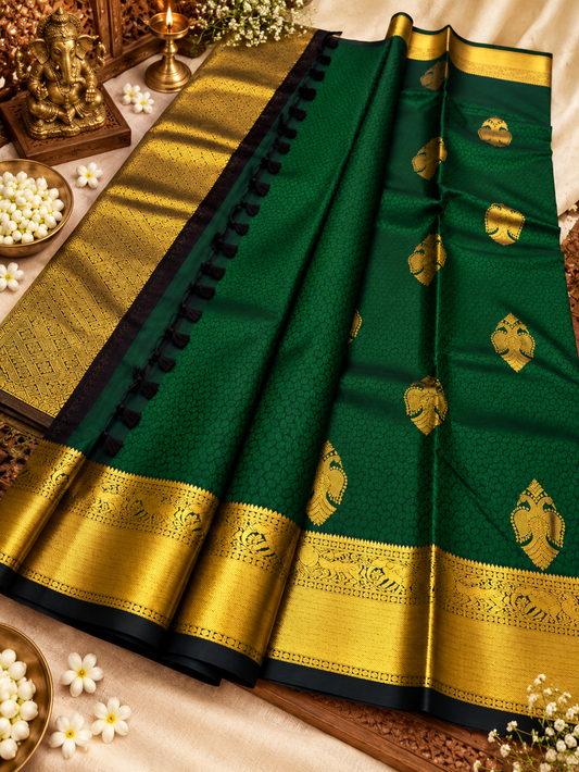 Emerald Elegance Dark Green Soft Banarasi Silk Saree with Gold Zari Border