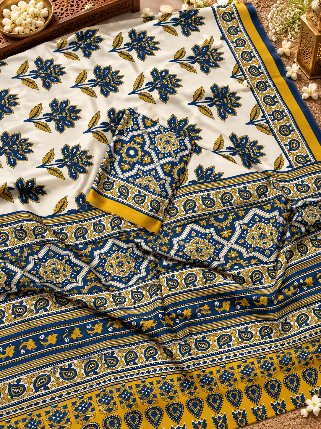 Elegant Cream & Mustard Yellow Floral Hand Block Printed Modal Silk Saree