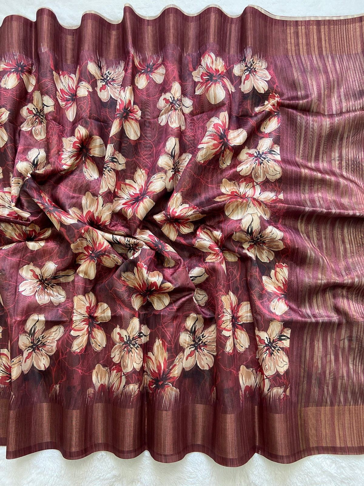 Elegant Maroon Floral Prints Soft Tussar Silk Saree with Tassel Pallu