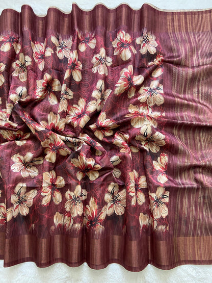 Elegant Maroon Floral Prints Soft Tussar Silk Saree with Tassel Pallu