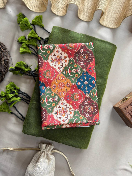 Attractive Mehndi Handloom Cotton Saree With Traditional Printed Blouse