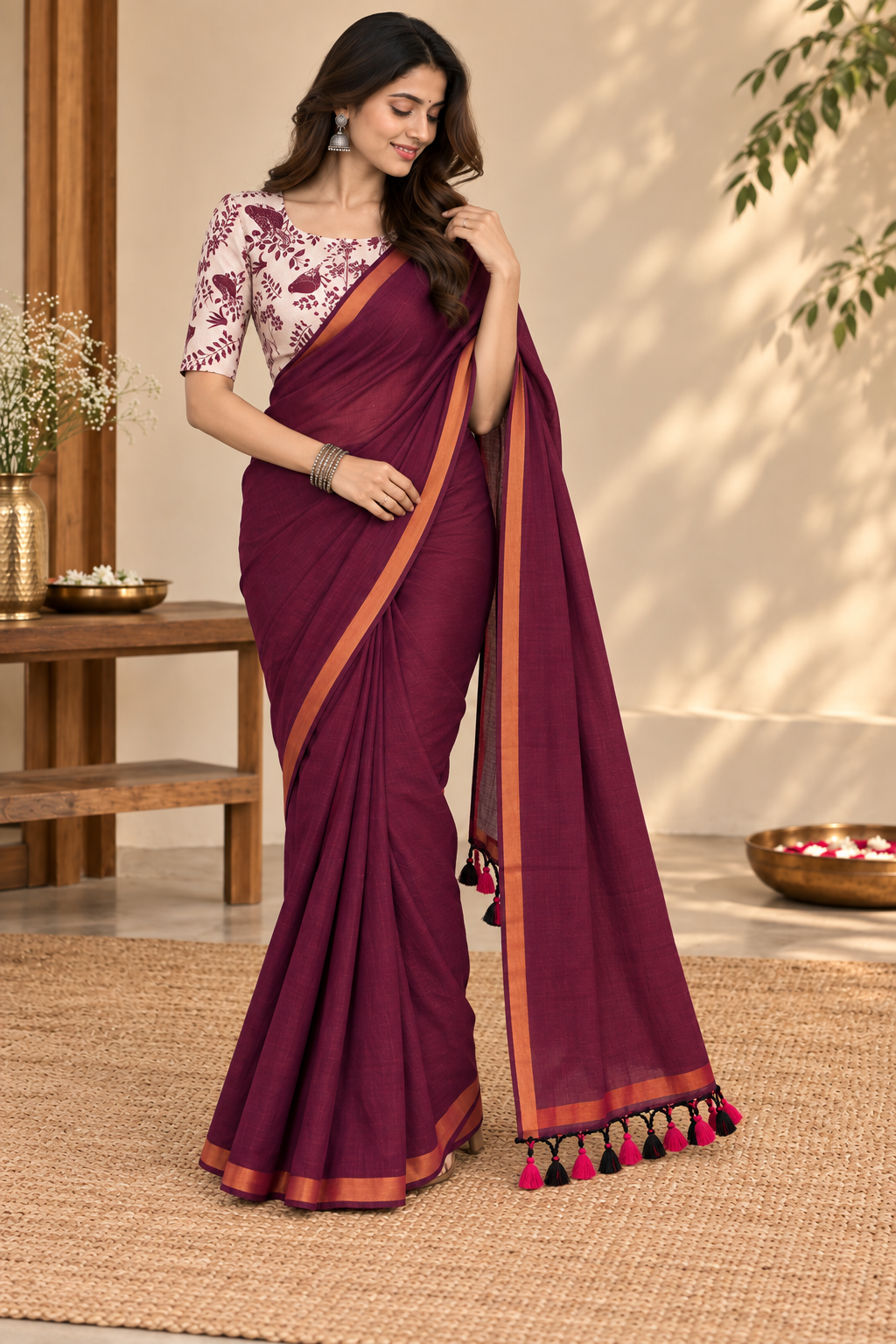 Very Beautiful Maroon Handloom Cotton Saree With Jari Border