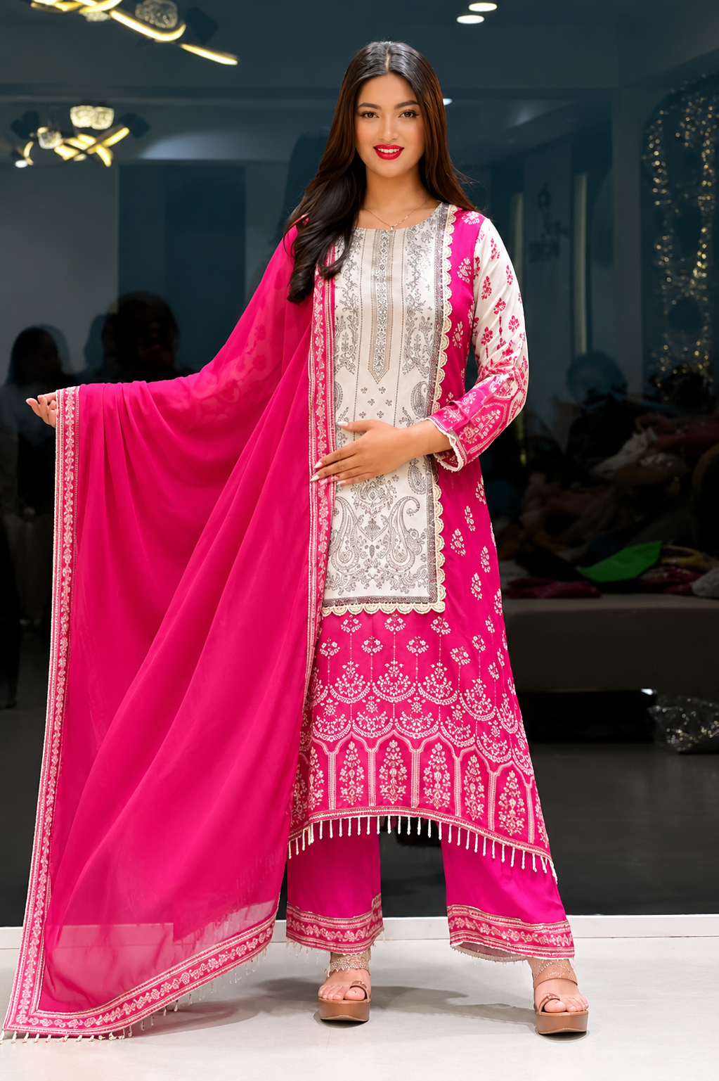 Attractive Rani Pink Chinon Silk A-Line Suit Set with Real Mirror Hand Work