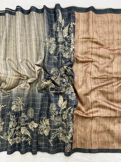 Shanaya - Charcoal & Mocha Digital Printed Soft Tussar Silk Saree