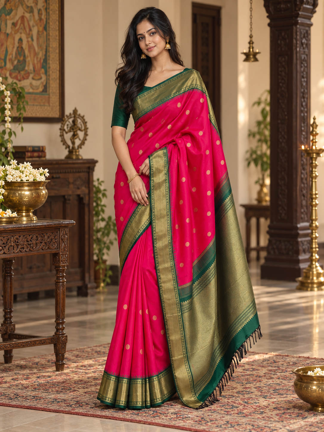 Festive Pink Kanjeevaram Silk Saree With Dark Green Border