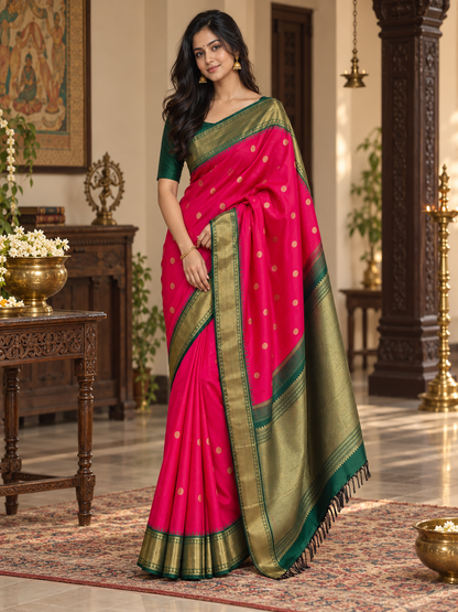 Festive Pink Kanjeevaram Silk Saree With Dark Green Border