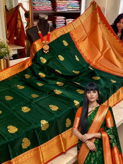 Attractive Dark Green Soft Banarasi Silk Saree with Lovely Blouse Piece