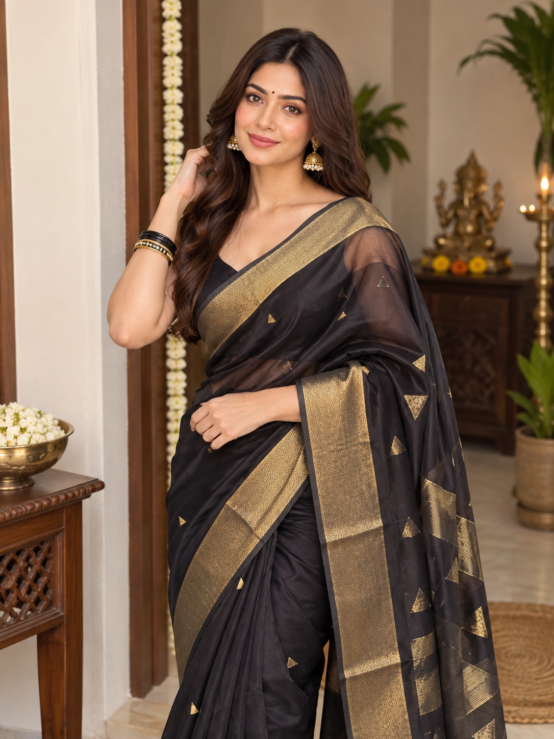 Premium Black Linen Silk Saree with Antique Gold Zari Border
