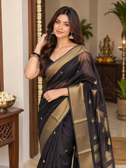 Premium Black Linen Silk Saree with Antique Gold Zari Border