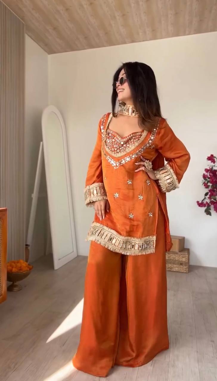 Rust Orange Fendy Silk Mirror Work Festive Suit Set
