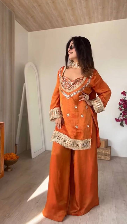 Rust Orange Fendy Silk Mirror Work Festive Suit Set