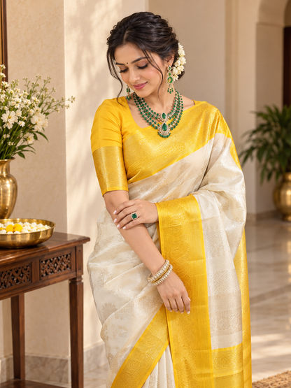 Traditional Soft Banarasi Silk Saree with Rich Golden Yellow Zari Pallu