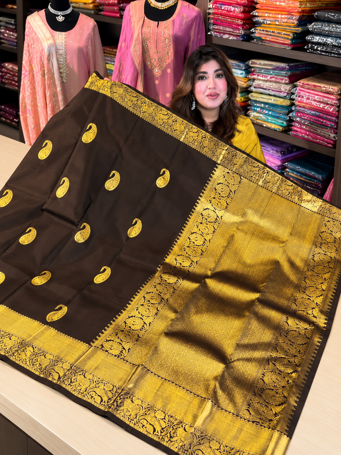 Elegant Coffee Brown Gold Zari Soft Banarasi Silk Saree With Glowing Blouse Piece