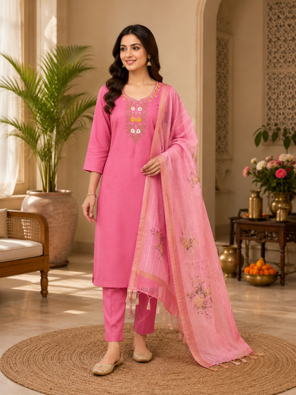 New Designer Light Pink Mul Chanderi Suit Set with Beautiful Hand Work