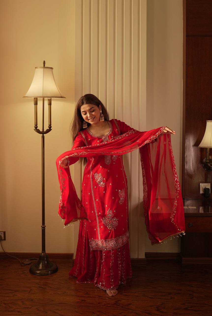Festive Red Fox Georgette Designer Suit Set with Pearl Accent Dupatta