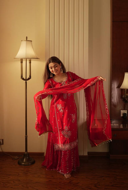 Festive Red Fox Georgette Designer Suit Set with Pearl Accent Dupatta