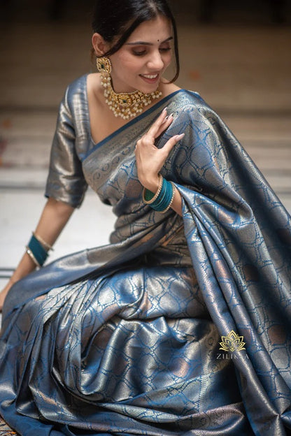 Trendy Blue Soft Silk Saree With Admirable Blouse Piece