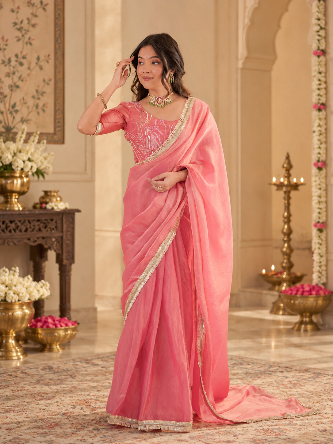 Elegant Rose Pink Fendy Silk Saree With Fancy Lace Work
