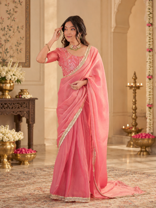Elegant Rose Pink Fendy Silk Saree With Fancy Lace Work