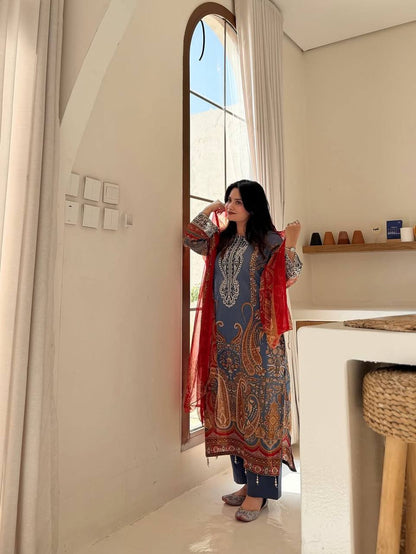 Elegant Blue Printed Chinon Anarkali Suit Set With Diamond Work