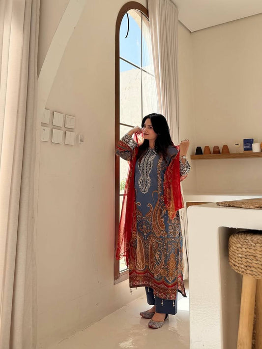 Elegant Blue Printed Chinon Anarkali Suit Set With Diamond Work