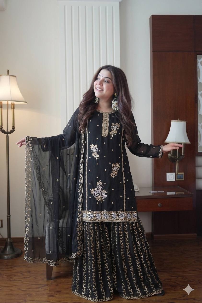 Premium Black Fox Georgette Sharara Suit with Sequins Embroidery Work