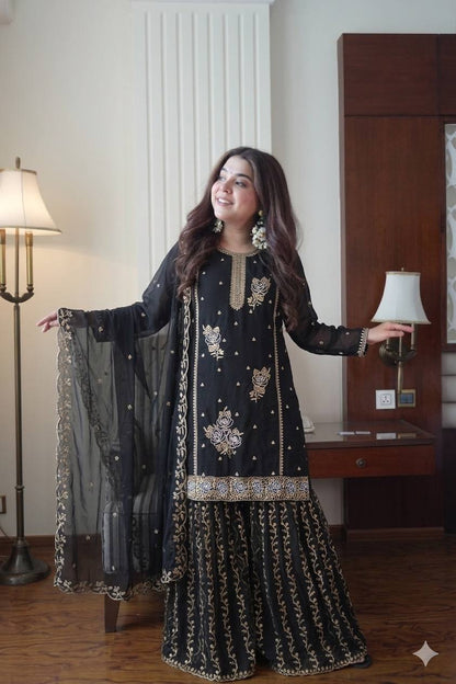 Premium Black Fox Georgette Sharara Suit with Sequins Embroidery Work