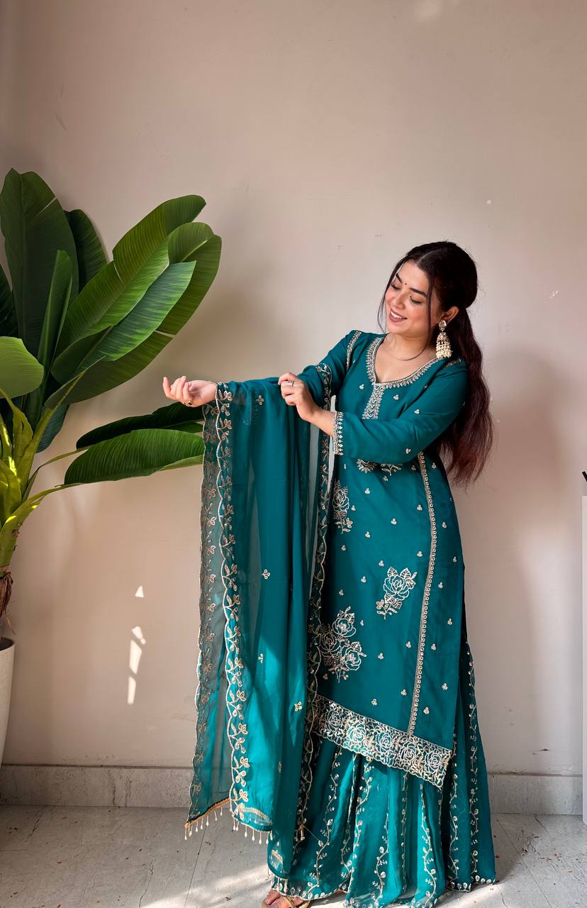 Festive Teal Green Fox Georgette Designer Suit Set with Embroidered Dupatta