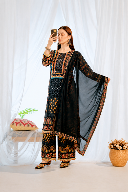 Royal Black Heavy Muslin Digital Printed Suit Set with Delicate Lace Work