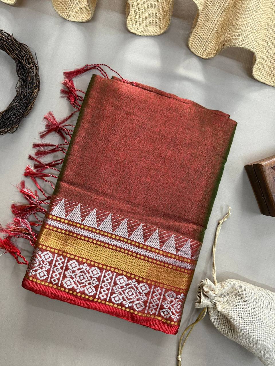 BEAUTY - BROWN TEMPLE DESIGNE HANDLOOM TISSUE COTTON SAREE