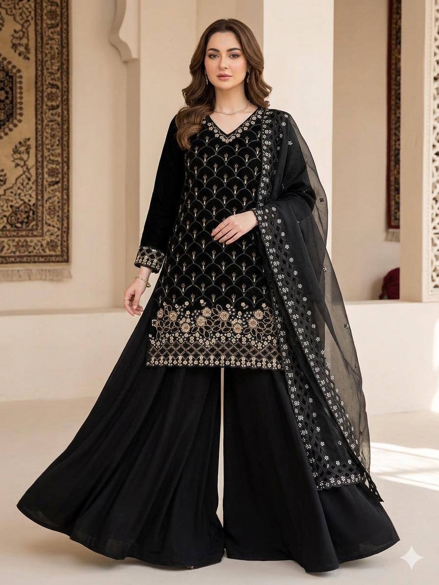 Elegant Black Embroidered Fendy Fabric Sharara Set with Sheer Dupatta