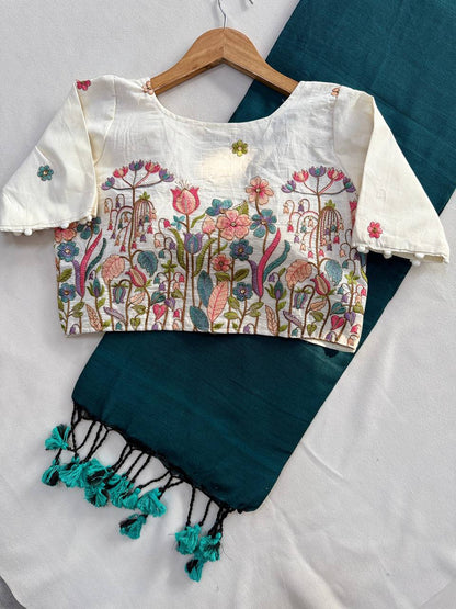 Rama Pure Handloom Cotton Saree With Stitched Embroidery Blouse