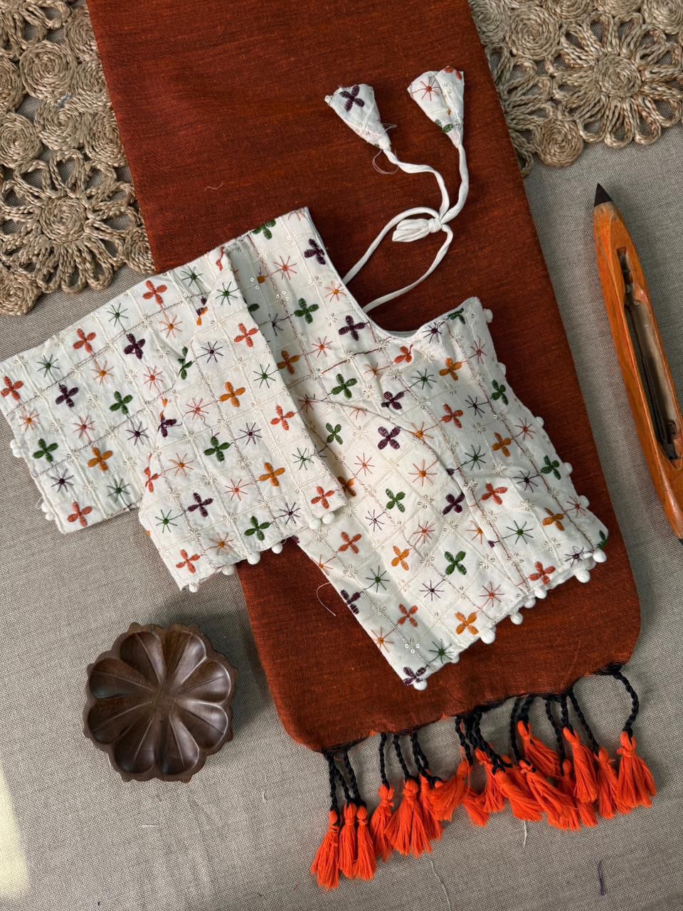 Dharma Exclusive - Orange Handloom Cotton Saree With Havy Embroidery Stitched Blouse