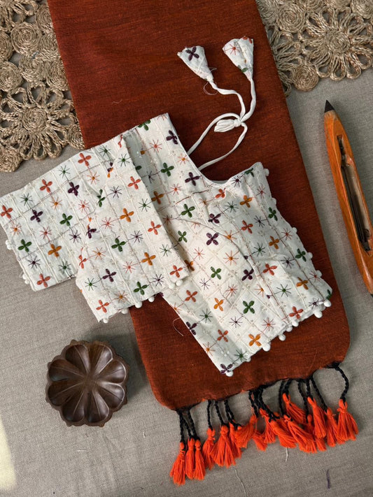 Dharma Exclusive - Orange Handloom Cotton Saree With Havy Embroidery Stitched Blouse