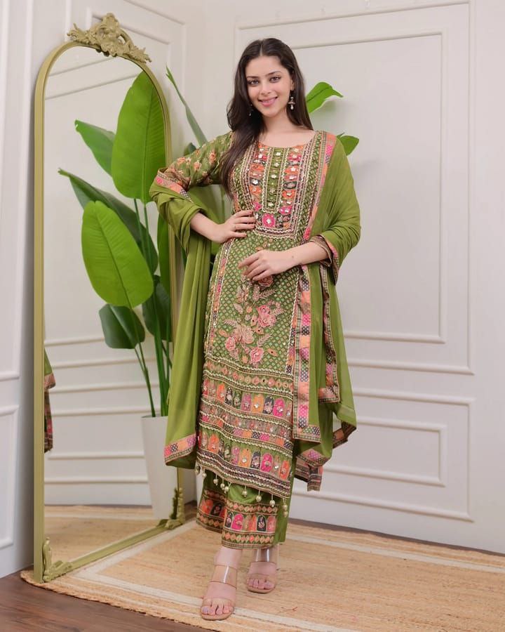 Attractive Mahendi Green Printed Model Satin Suit Set with Fancy Mirror Work