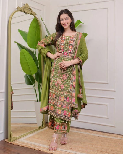 Attractive Mahendi Green Printed Model Satin Suit Set with Fancy Mirror Work