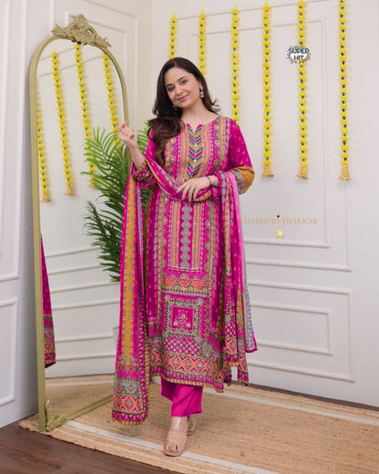Stylish Pink Printed Muslin Suit Set with Chevron Embroidered Yoke