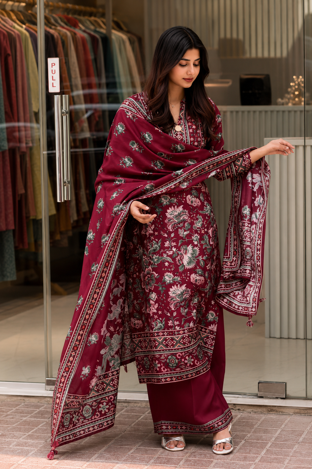 Designer Wine Soft Muslin Digital Floral Salwar Suit Set