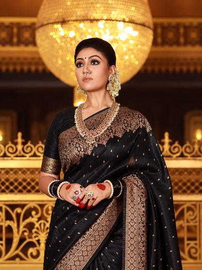 Outstanding Black Soft Banarasi Silk Saree with Heavy Zari Border